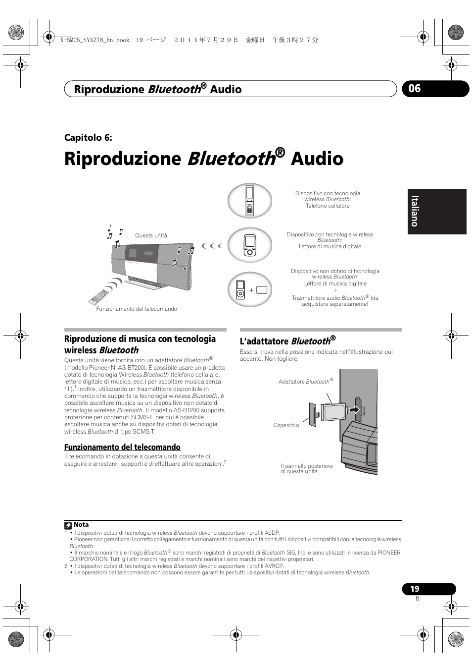 Funzionamento del telecomando, Adattatore, Bluetooth | Audio, Riproduzione, Audio 06, Deutsch italiano nederlands pyccкий, Capitolo 6, L’adattatore bluetooth | Pioneer X-SMC5-K User Manual | Page 73 / 224