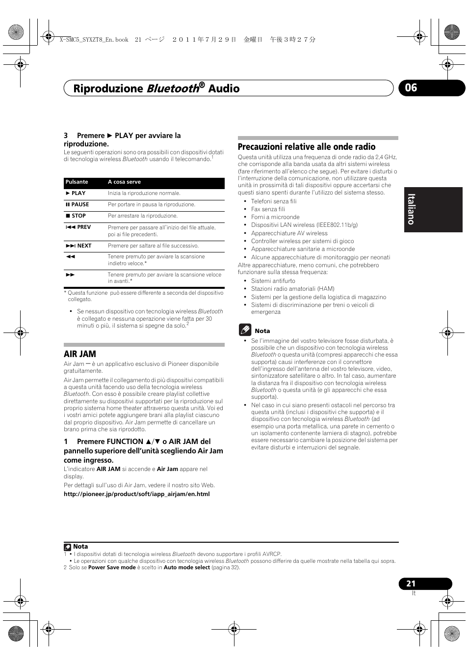 Air jam precauzioni relative alle onde radio, Bluetooth, Riproduzione | Audio 06, Deutsch italiano nederlands pyccкий, Air jam, Precauzioni relative alle onde radio | Pioneer X-SMC5-K User Manual | Page 75 / 224