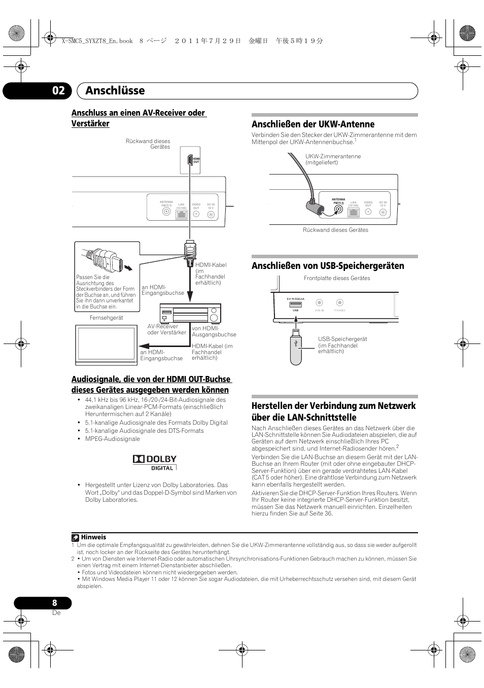 Anschlüsse 02, Anschließen der ukw-antenne | Pioneer X-SMC5-K User Manual | Page 8 / 224