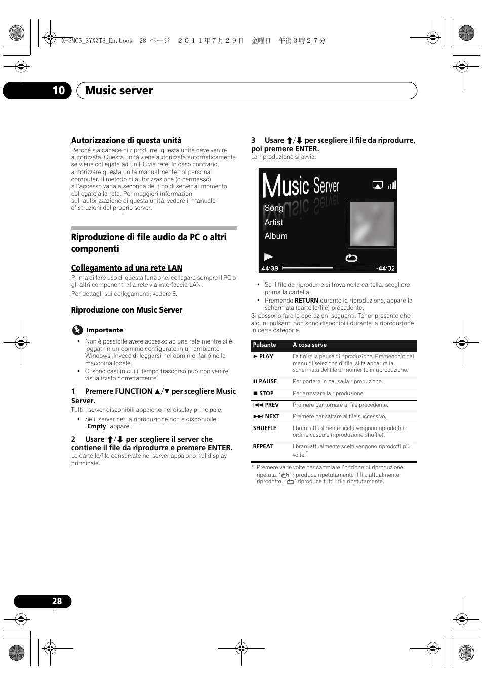 Autorizzazione di questa unità, Music server 10, Collegamento ad una rete lan | Riproduzione con music server, Song artist album | Pioneer X-SMC5-K User Manual | Page 82 / 224