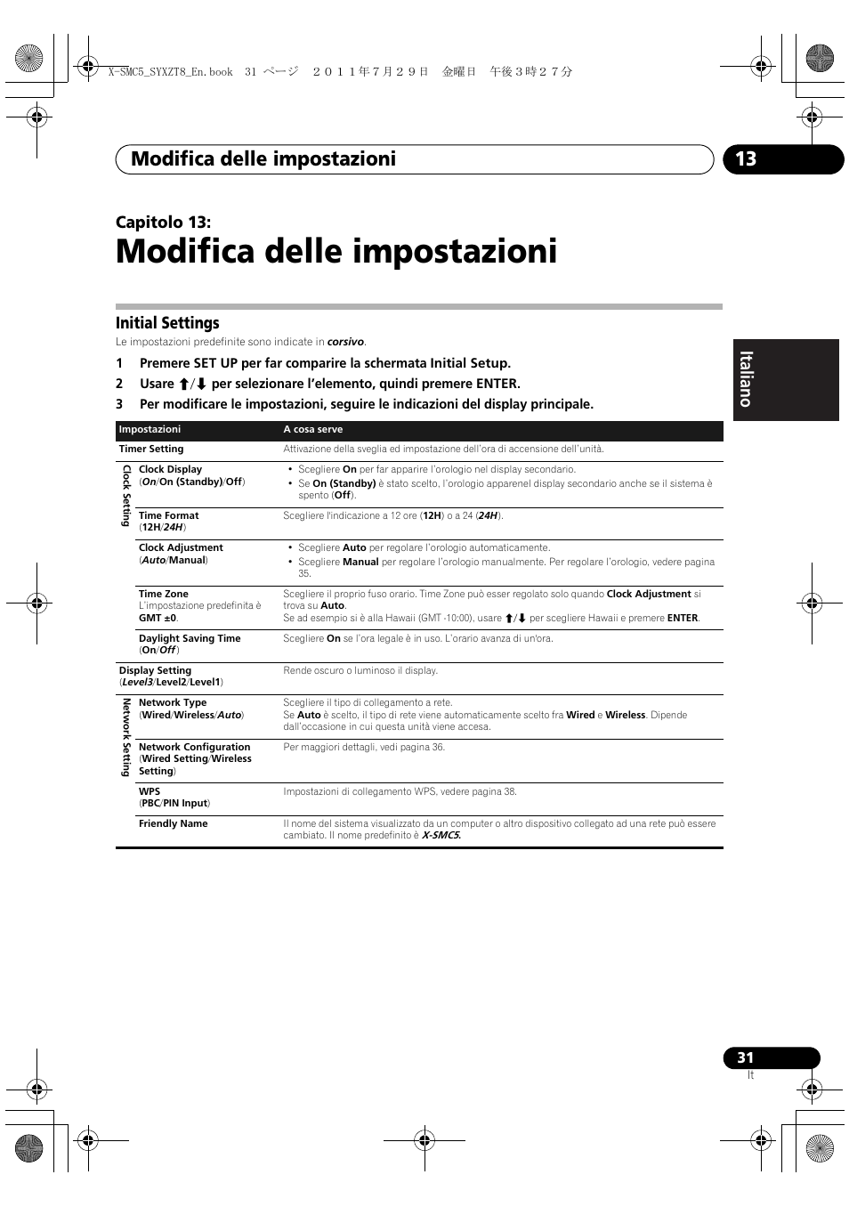 Initial settings, Modifica delle impostazioni, Modifica delle impostazioni 13 | Deutsch italiano nederlands pyccкий, Capitolo 13 | Pioneer X-SMC5-K User Manual | Page 85 / 224