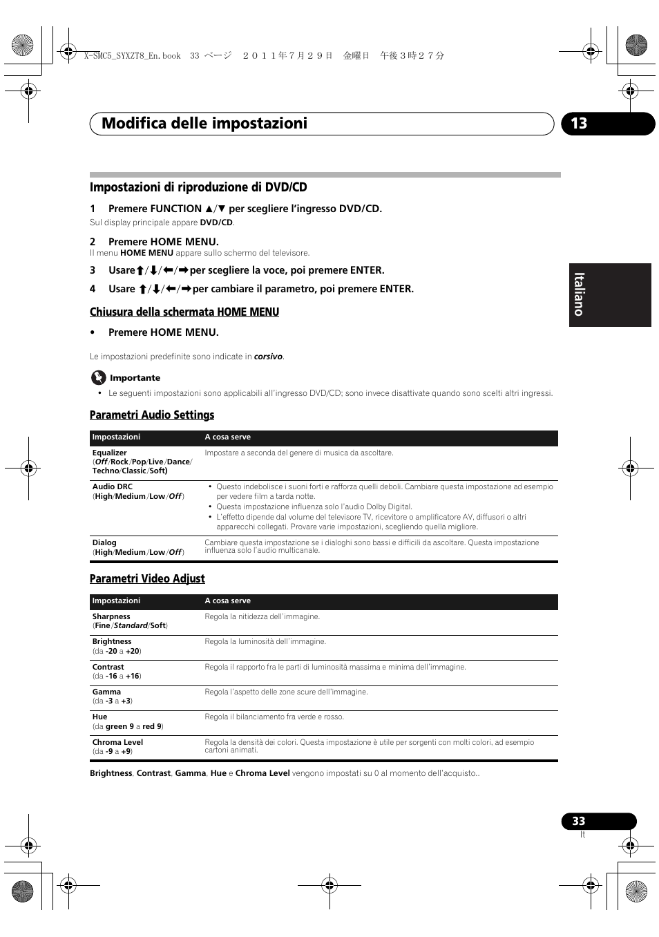 Impostazioni di riproduzione di dvd/cd, Modifica delle impostazioni 13, Deutsch italiano nederlands pyccкий | Chiusura della schermata home menu, Parametri audio settings parametri video adjust | Pioneer X-SMC5-K User Manual | Page 87 / 224