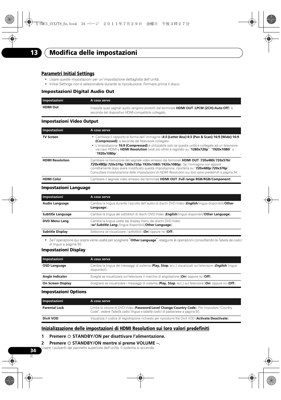 Modifica delle impostazioni 13, Parametri initial settings | Pioneer X-SMC5-K User Manual | Page 88 / 224