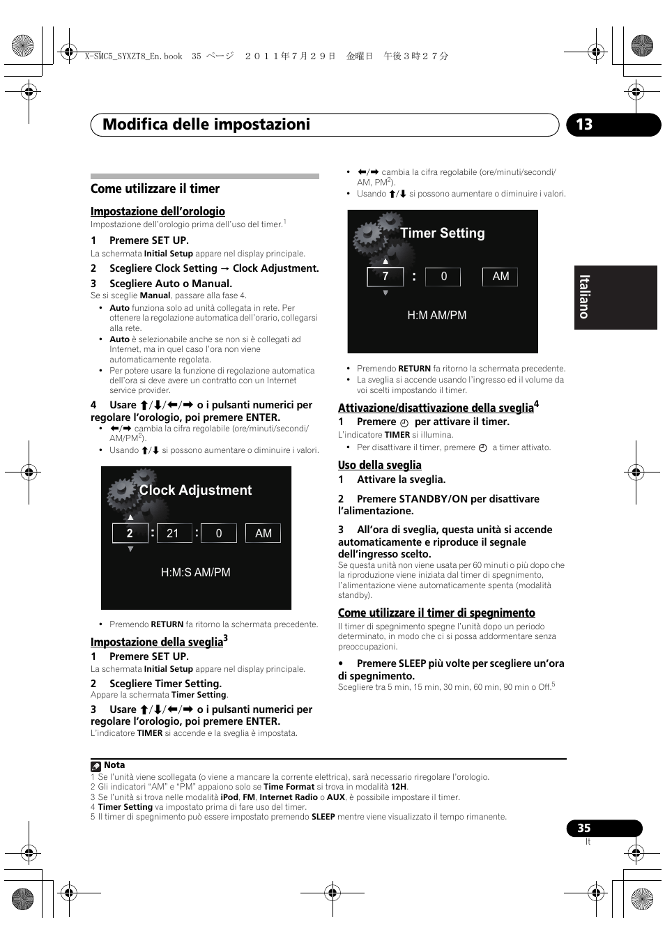 Come utilizzare il timer, Modifica delle impostazioni 13, Deutsch italiano nederlands pyccкий | Clock adjustment, Timer setting | Pioneer X-SMC5-K User Manual | Page 89 / 224