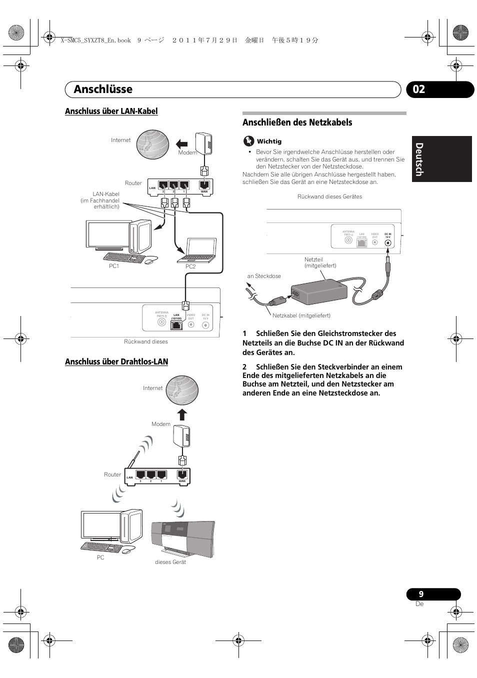 Anschließen des netzkabels, Anschlüsse 02, Deutsch italiano nederlands pyccкий | Pioneer X-SMC5-K User Manual | Page 9 / 224