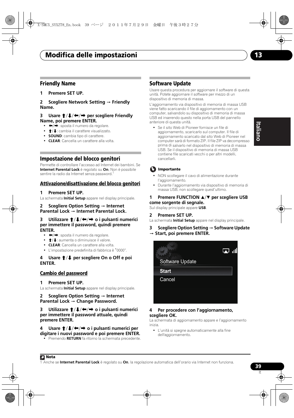Friendly name impostazione del blocco genitori, Software update, Modifica delle impostazioni 13 | Deutsch italiano nederlands pyccкий, Friendly name, Impostazione del blocco genitori | Pioneer X-SMC5-K User Manual | Page 93 / 224
