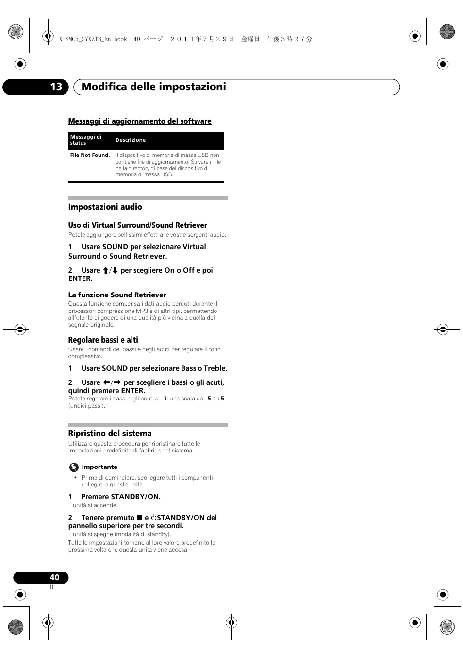 Messaggi di aggiornamento del software, Impostazioni audio, Ripristino del sistema | Modifica delle impostazioni 13 | Pioneer X-SMC5-K User Manual | Page 94 / 224