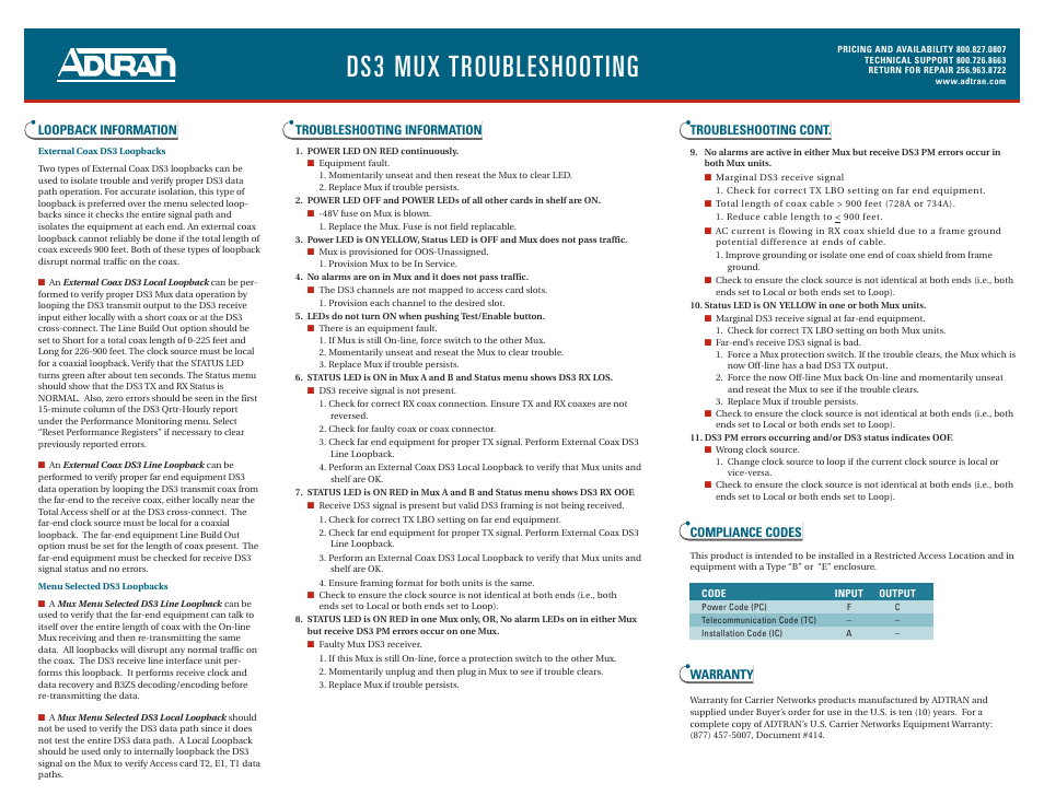 Ds3 mux troubleshooting, Loopback information, Troubleshooting information | Troubleshooting cont, Compliance codes, Warranty | ADTRAN DS3 MX User Manual | Page 2 / 2