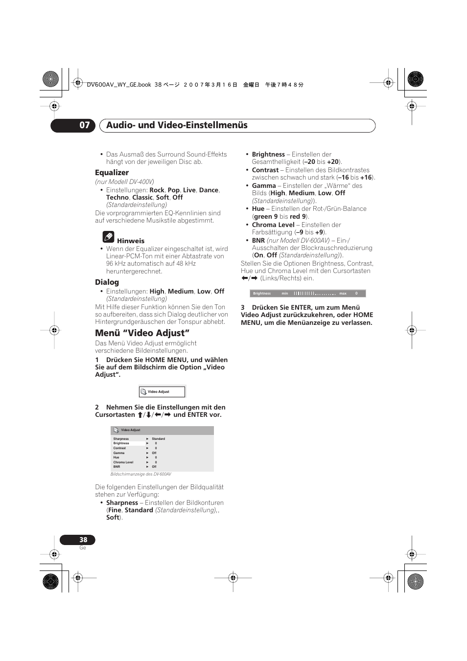 Menü “video adjust, Audio- und video-einstellmenüs 07 | Pioneer DV-600AV-K User Manual | Page 100 / 128