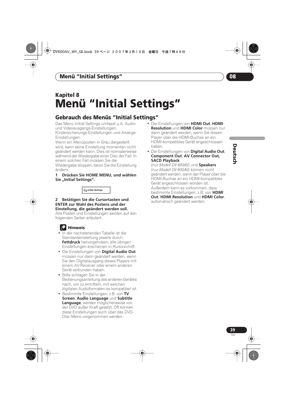 08 menü “initial settings, Gebrauch des menüs “initial settings, Menü “initial settings | Menü “initial settings” 08, Kapitel 8 | Pioneer DV-600AV-K User Manual | Page 101 / 128