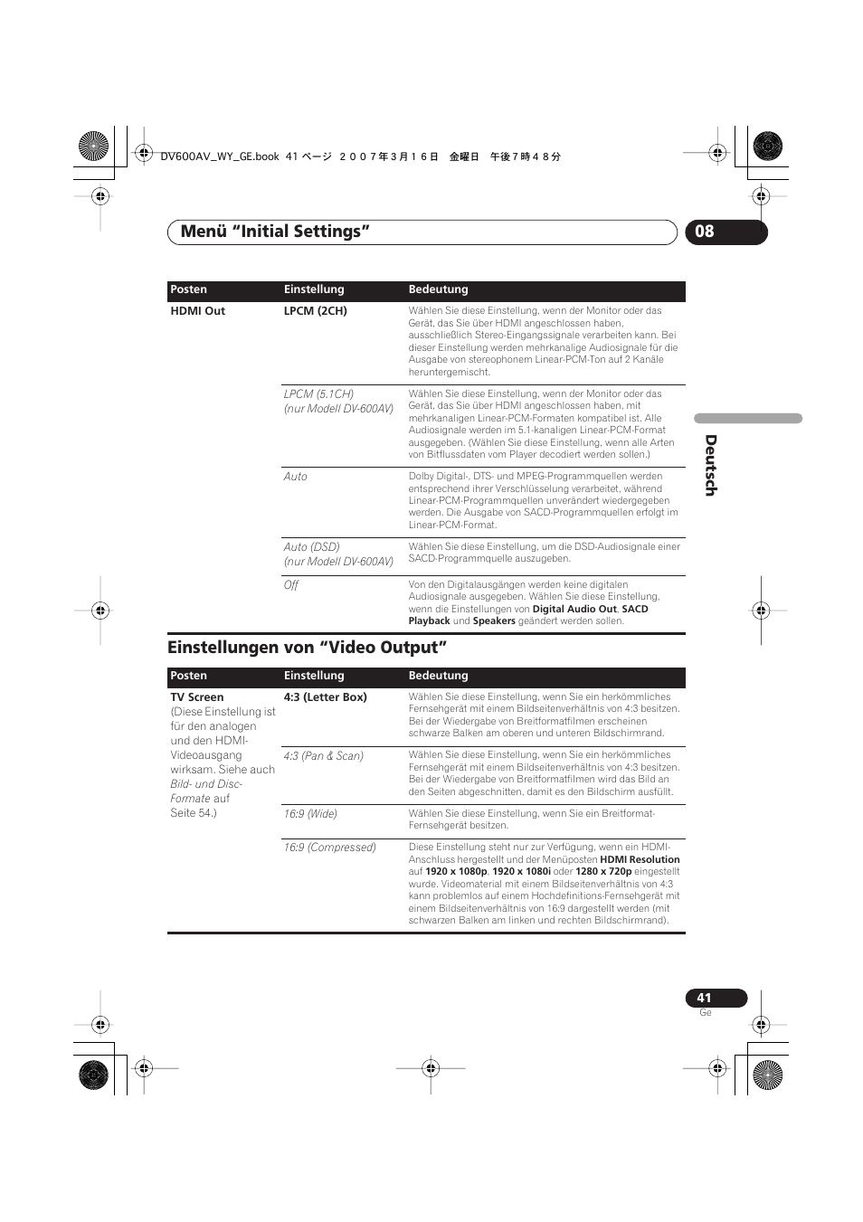 Einstellungen von “video output, Menü “initial settings” 08, Deutsch | Pioneer DV-600AV-K User Manual | Page 103 / 128