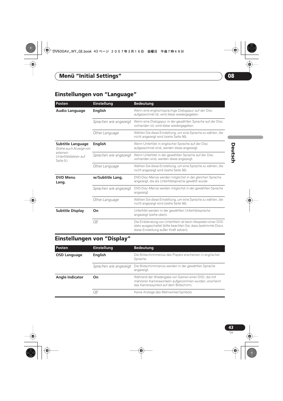 Einstellungen von “language, Einstellungen von “display, Menü “initial settings” 08 | Deutsch | Pioneer DV-600AV-K User Manual | Page 105 / 128