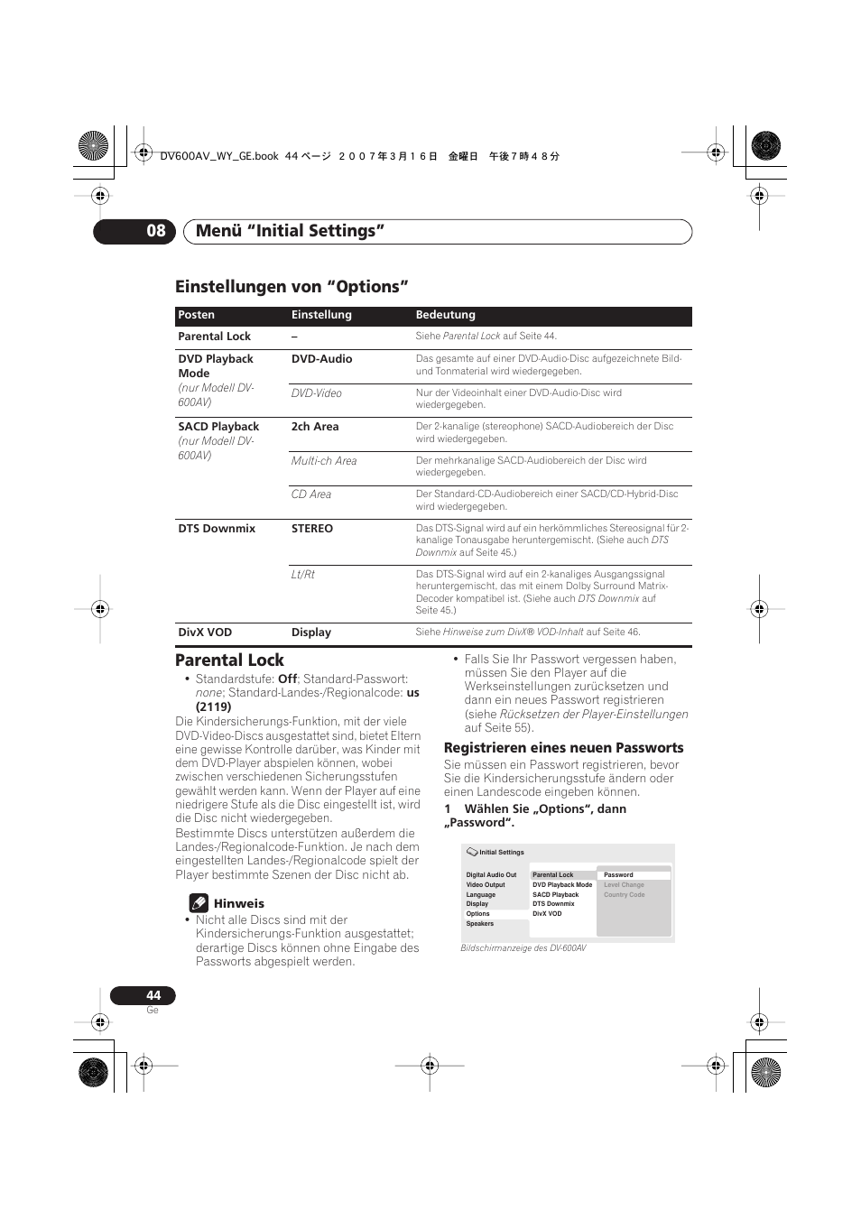 Einstellungen von “options, Parental lock, Menü “initial settings” 08 | Einstellungen von “options” parental lock, Registrieren eines neuen passworts | Pioneer DV-600AV-K User Manual | Page 106 / 128