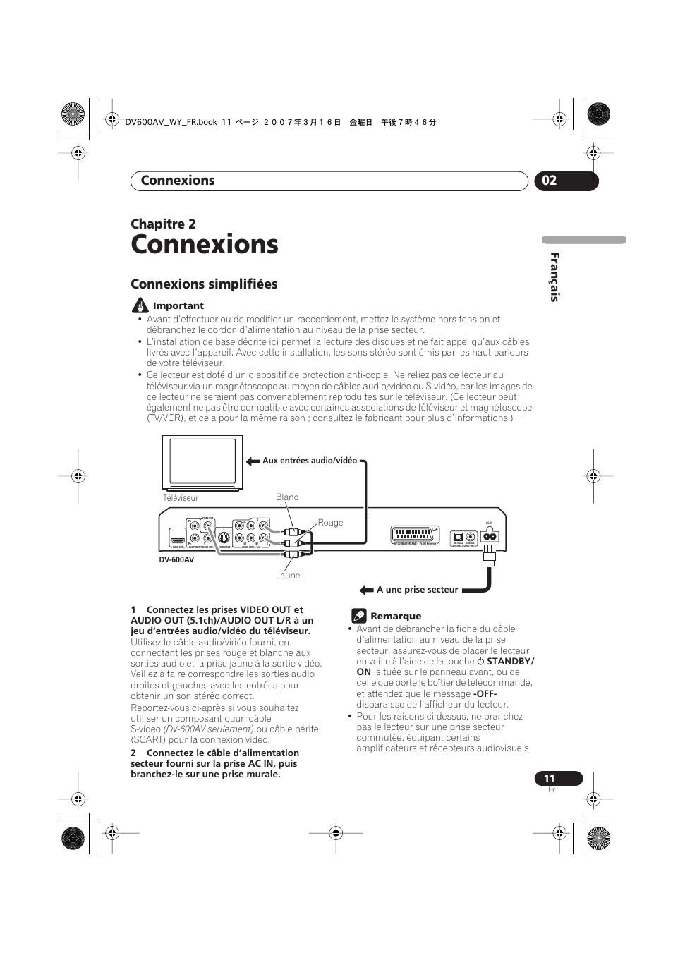 02 connexions, Connexions simplifiées, Important | Connexions, Connexions 02, Chapitre 2, Français | Pioneer DV-600AV-K User Manual | Page 11 / 128