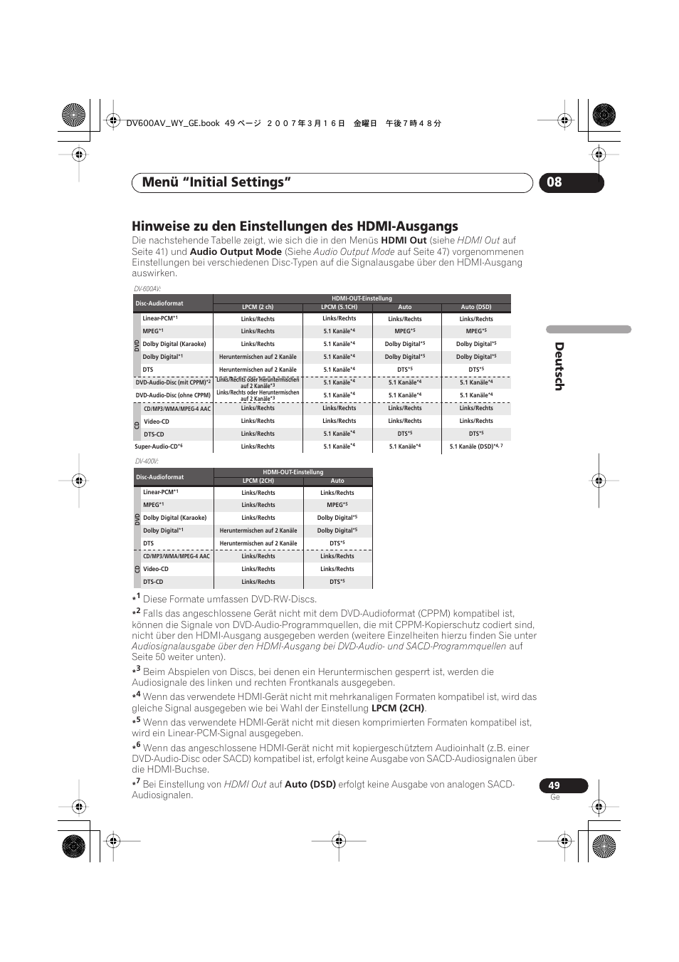 Hinweise zu den einstellungen des hdmi-ausgangs, Menü “initial settings” 08, Deutsch | Pioneer DV-600AV-K User Manual | Page 111 / 128