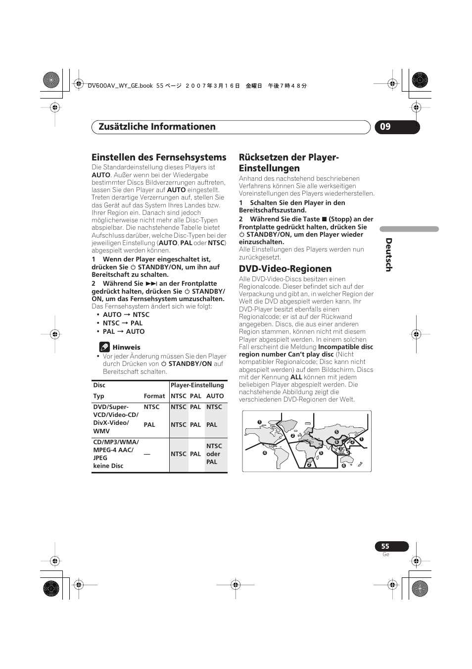 Einstellen des fernsehsystems, Rücksetzen der player-einstellungen, Dvd-video-regionen | Zusätzliche informationen 09, Rücksetzen der player- einstellungen | Pioneer DV-600AV-K User Manual | Page 117 / 128