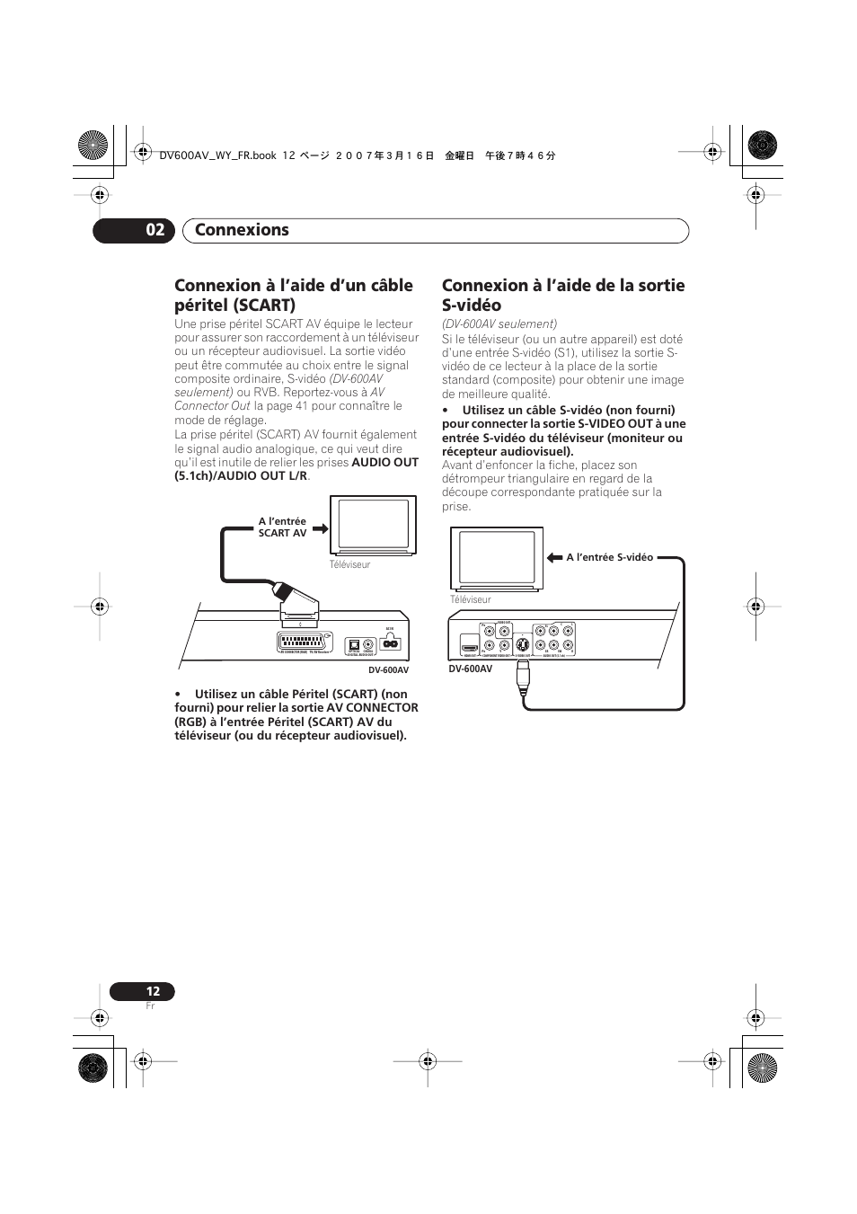 Connexion à l’aide d’un câble péritel (scart), Connexion à l’aide de la sortie s-vidéo, Connexions 02 | Pioneer DV-600AV-K User Manual | Page 12 / 128