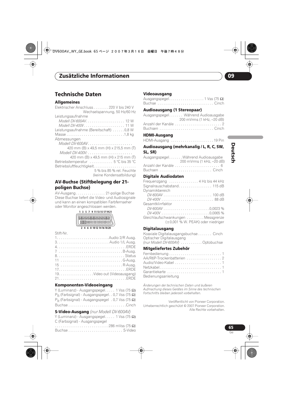 Technische daten, Zusätzliche informationen 09, Deutsch | Av-buchse (stiftbelegung der 21- poligen buchse) | Pioneer DV-600AV-K User Manual | Page 127 / 128
