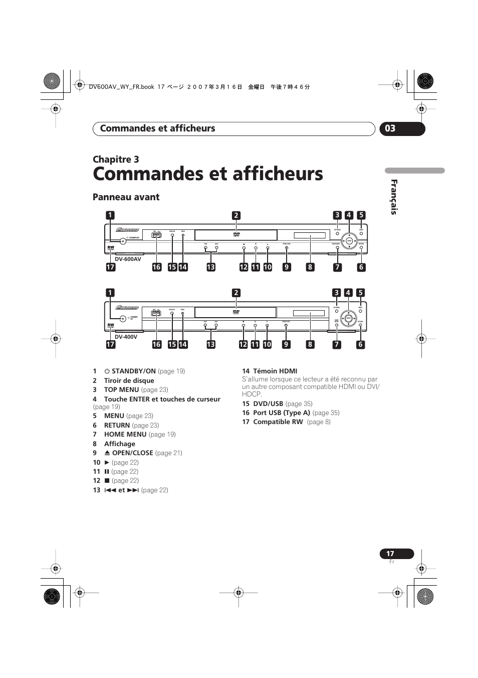 03 commandes et afficheurs, Panneau avant, Commandes et afficheurs | Commandes et afficheurs 03, Chapitre 3, Français | Pioneer DV-600AV-K User Manual | Page 17 / 128