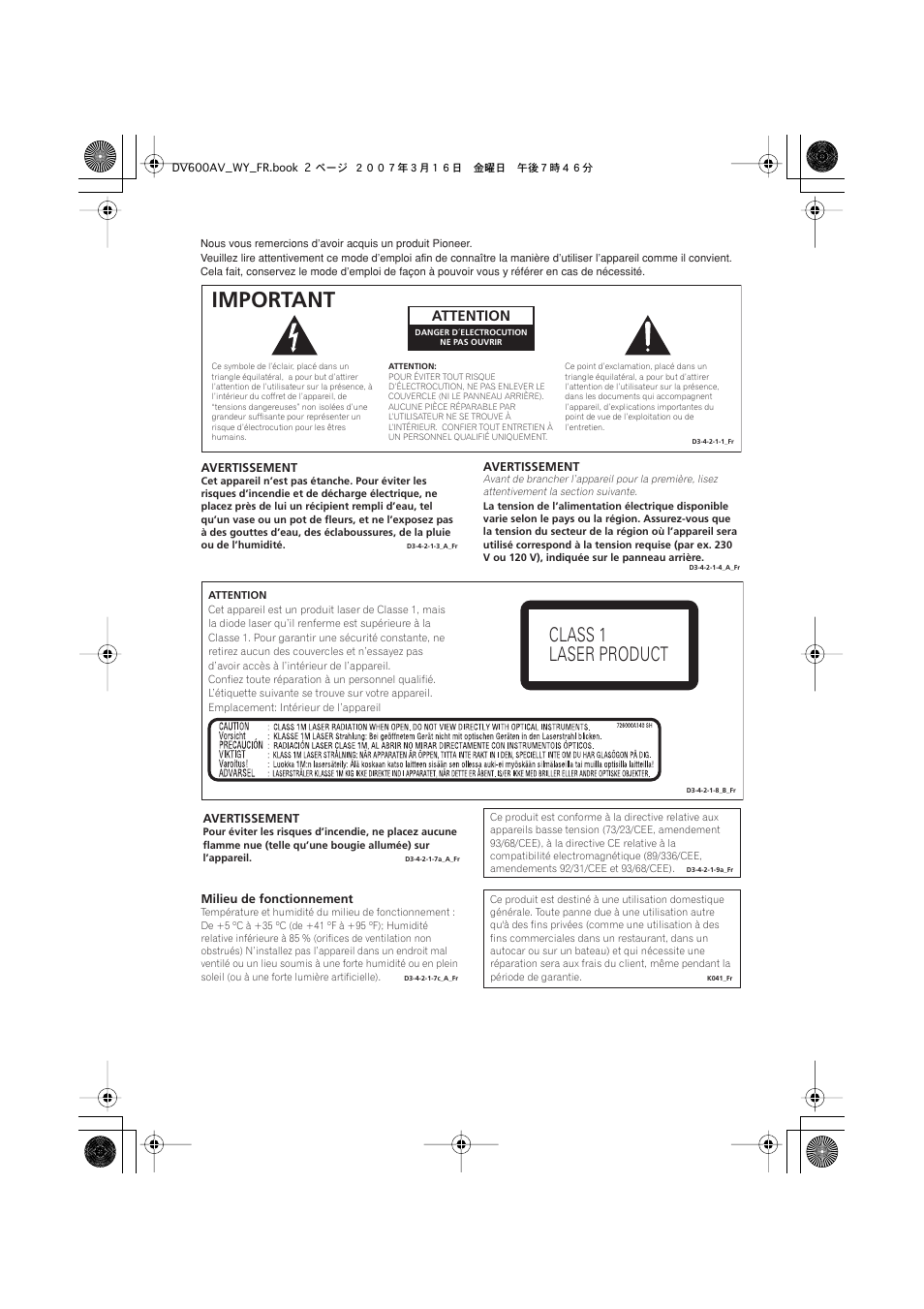 Important, Class 1 laser product, Attention | Pioneer DV-600AV-K User Manual | Page 2 / 128