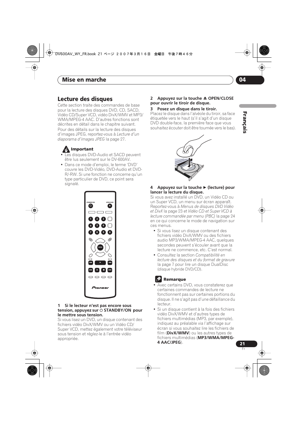 Lecture des disques, Mise en marche 04 | Pioneer DV-600AV-K User Manual | Page 21 / 128