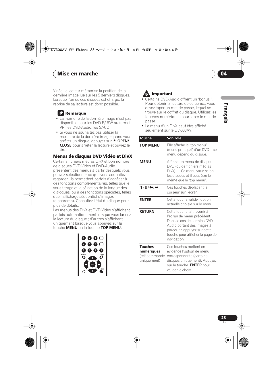 Mise en marche 04, Français, Menus de disques dvd vidéo et divx | Pioneer DV-600AV-K User Manual | Page 23 / 128