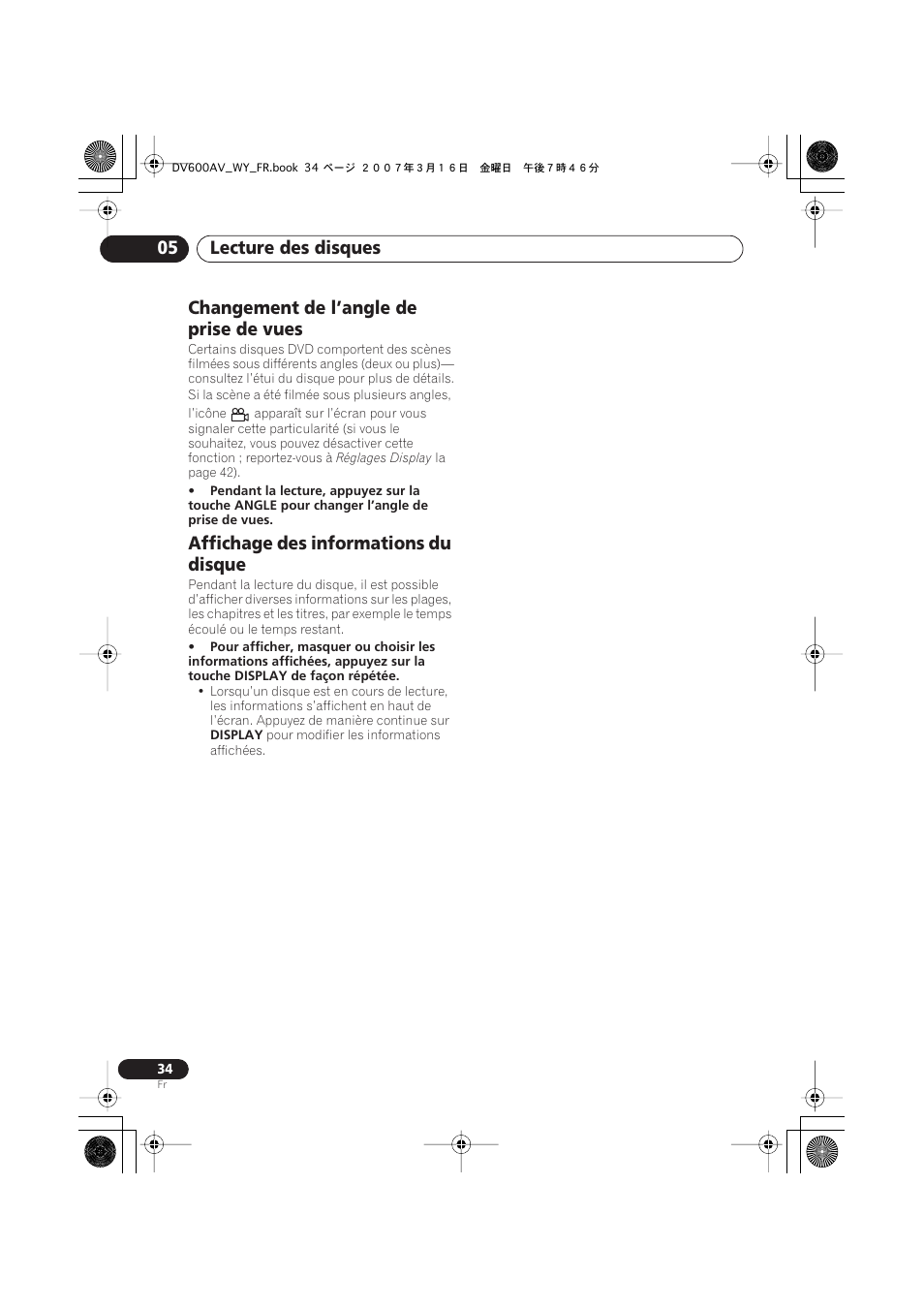 Changement de l’angle de prise de vues, Affichage des informations du disque, Lecture des disques 05 | Pioneer DV-600AV-K User Manual | Page 34 / 128