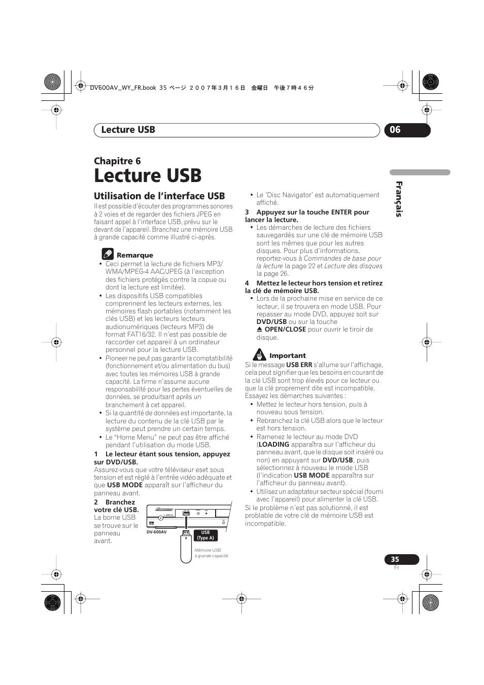 06 lecture usb, Utilisation de l’interface usb, Lecture usb | Lecture usb 06, Chapitre 6 | Pioneer DV-600AV-K User Manual | Page 35 / 128