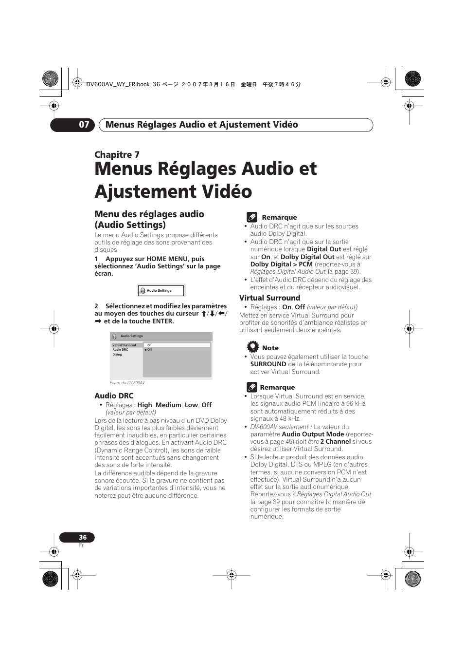 07 menus réglages audio et ajustement vidéo, Menu des réglages audio (audio settings), Menus réglages audio et ajustement vidéo | Menus réglages audio et ajustement vidéo 07, Chapitre 7 | Pioneer DV-600AV-K User Manual | Page 36 / 128