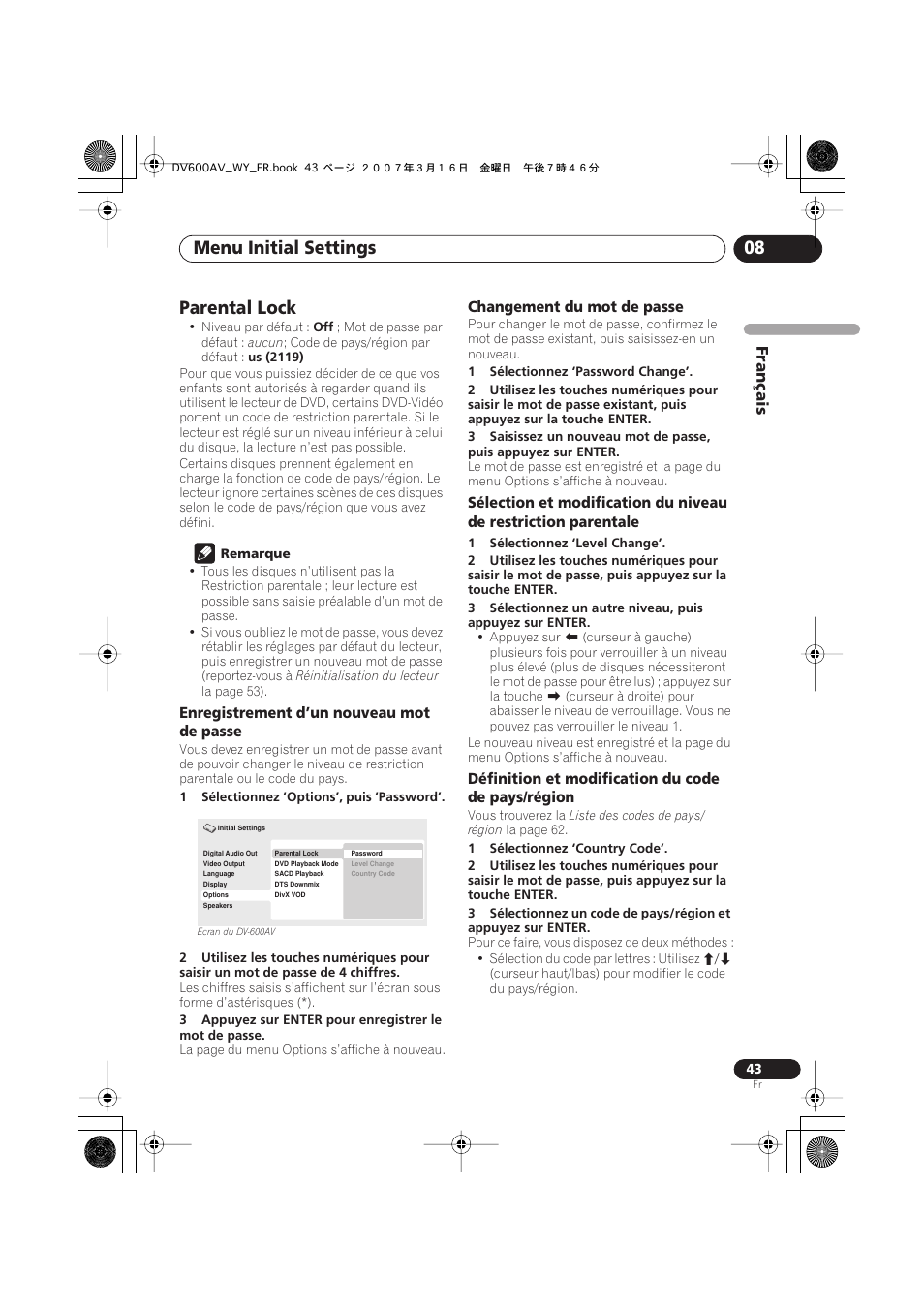 Parental lock, Menu initial settings 08 | Pioneer DV-600AV-K User Manual | Page 43 / 128