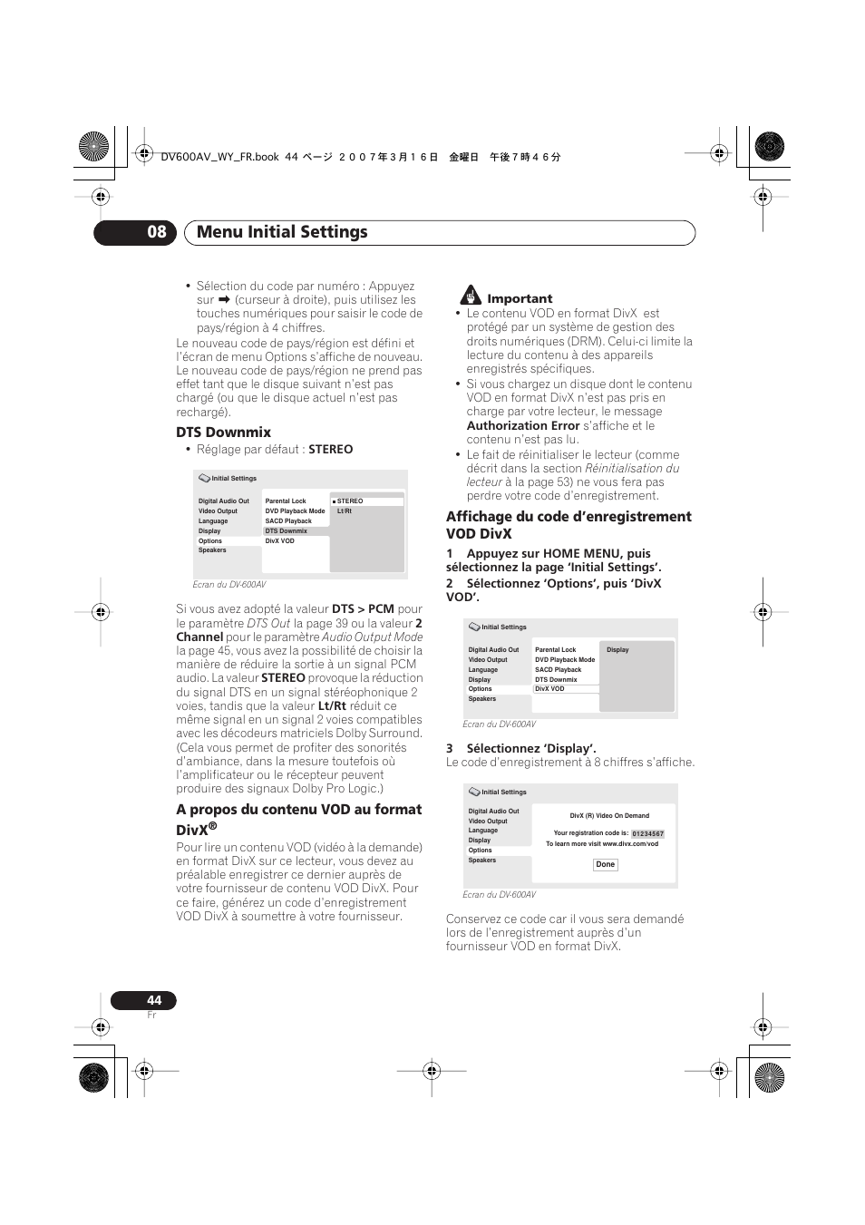 Menu initial settings 08, Dts downmix, A propos du contenu vod au format divx | Affichage du code d’enregistrement vod divx | Pioneer DV-600AV-K User Manual | Page 44 / 128