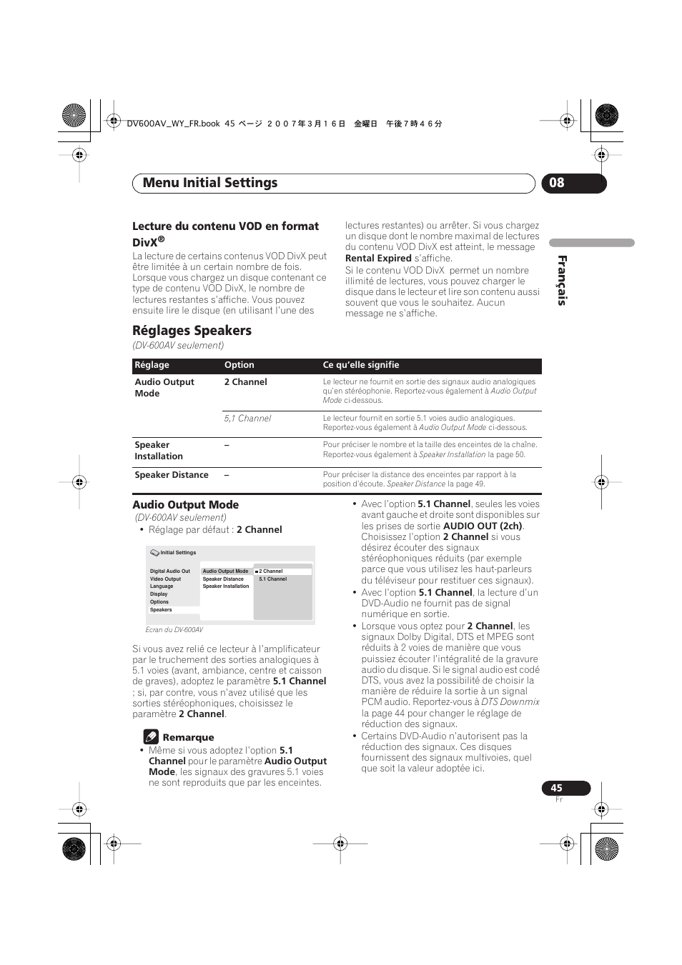 Réglages speakers, Menu initial settings 08, Français | Lecture du contenu vod en format divx, Audio output mode | Pioneer DV-600AV-K User Manual | Page 45 / 128