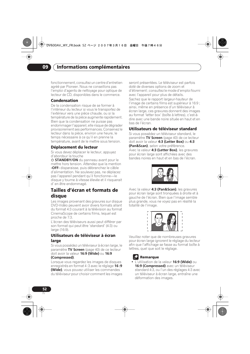 Tailles d’écran et formats de disque, Informations complémentaires 09 | Pioneer DV-600AV-K User Manual | Page 52 / 128