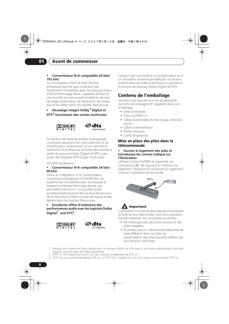 Contenu de l’emballage, Avant de commencer 01 | Pioneer DV-600AV-K User Manual | Page 6 / 128