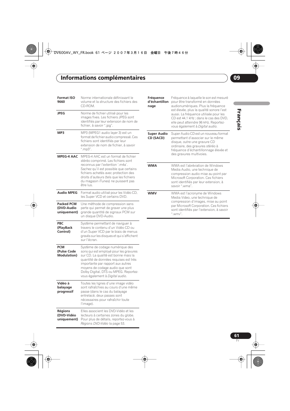 Informations complémentaires 09, Français | Pioneer DV-600AV-K User Manual | Page 61 / 128