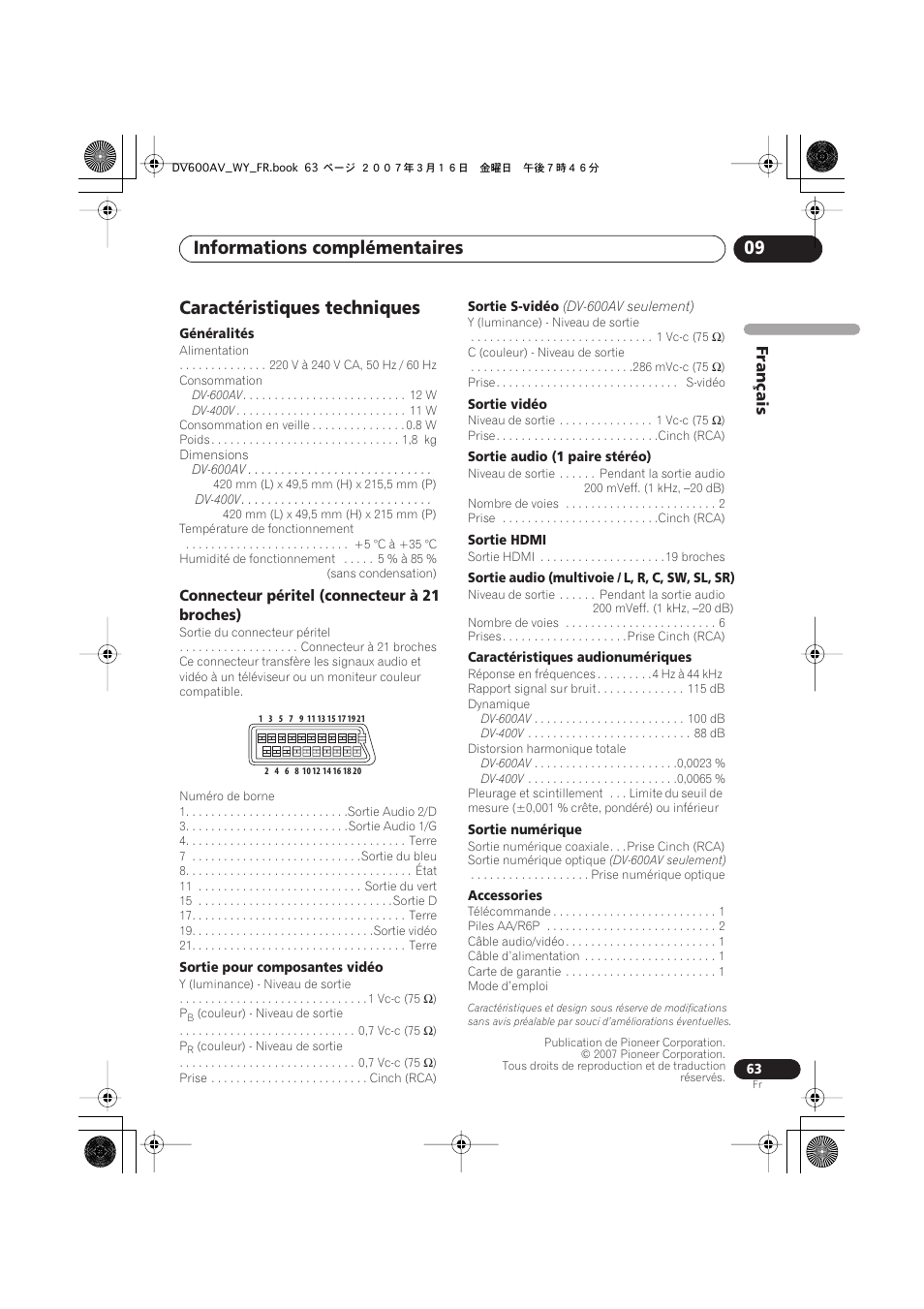 Caractéristiques techniques, Informations complémentaires 09, Français | Connecteur péritel (connecteur à 21 broches) | Pioneer DV-600AV-K User Manual | Page 63 / 128