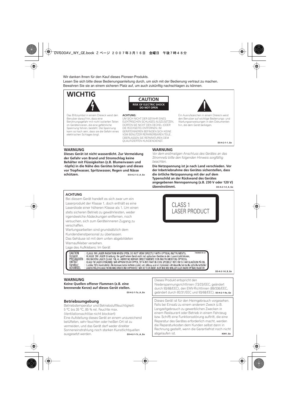 Wichtig, Class 1 laser product, Caution | Pioneer DV-600AV-K User Manual | Page 64 / 128