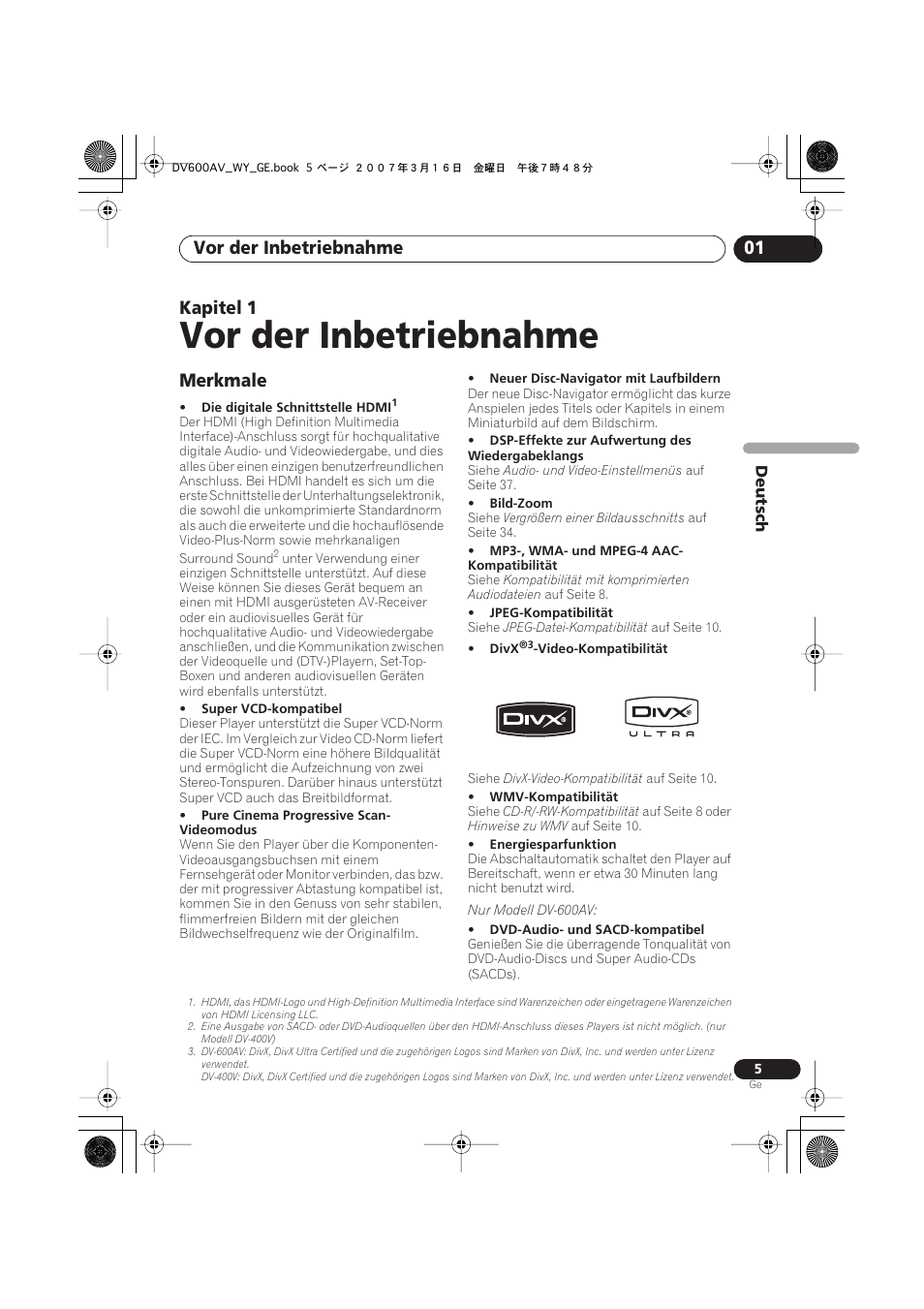Vor der inbetriebnahme, Vor der inbetriebnahme 01, Kapitel 1 | Merkmale | Pioneer DV-600AV-K User Manual | Page 67 / 128