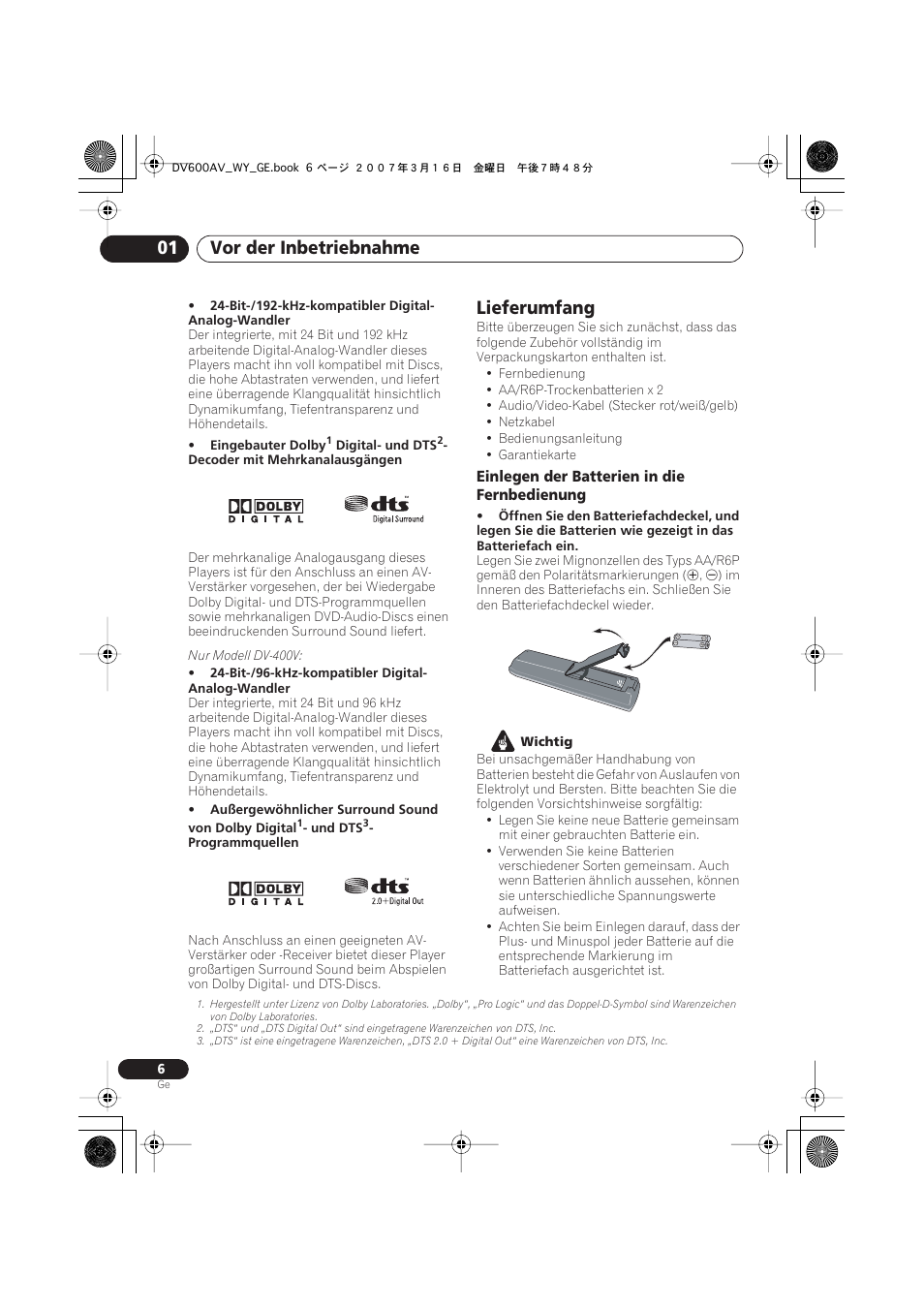 Lieferumfang, Vor der inbetriebnahme 01 | Pioneer DV-600AV-K User Manual | Page 68 / 128