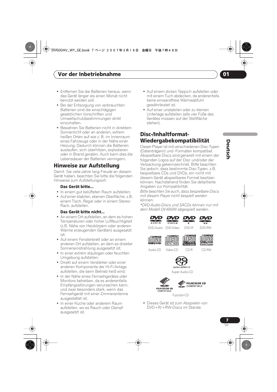 Hinweise zur aufstellung, Disc-/inhaltformat- wiedergabekompatibilität, Vor der inbetriebnahme 01 | Pioneer DV-600AV-K User Manual | Page 69 / 128