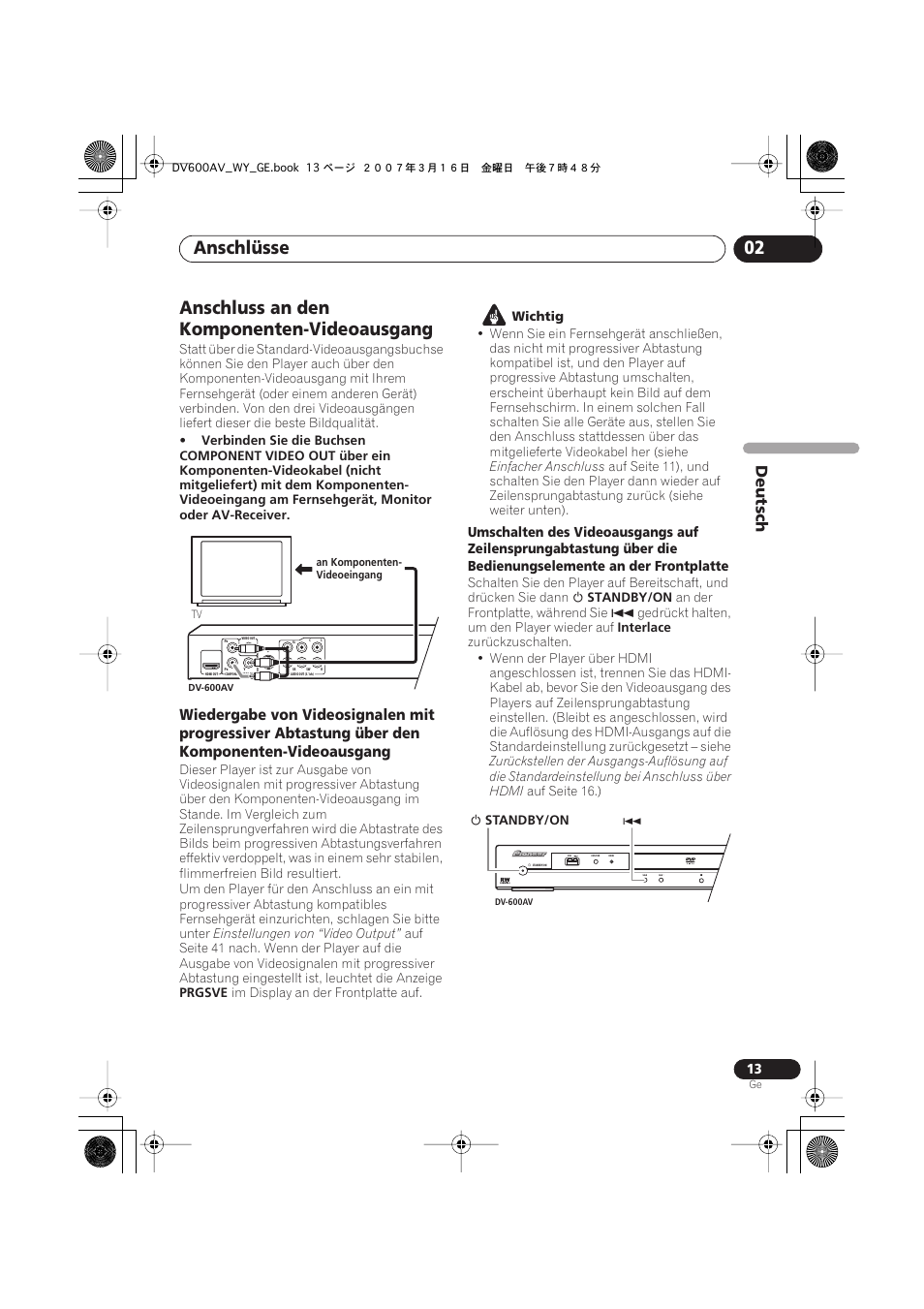 Anschluss an den komponenten- videoausgang, Anschlüsse 02, Anschluss an den komponenten-videoausgang | Deutsch | Pioneer DV-600AV-K User Manual | Page 75 / 128