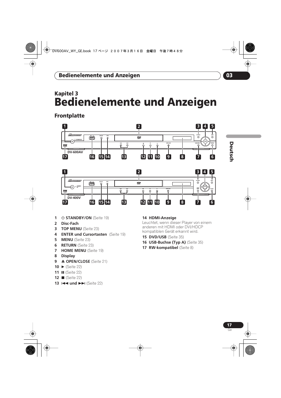 03 bedienelemente und anzeigen, Frontplatte, Bedienelemente und anzeigen | Bedienelemente und anzeigen 03, Kapitel 3, Deutsch | Pioneer DV-600AV-K User Manual | Page 79 / 128