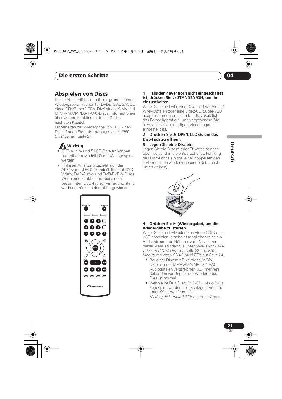 Abspielen von discs, Die ersten schritte 04, Deutsch | Pioneer DV-600AV-K User Manual | Page 83 / 128