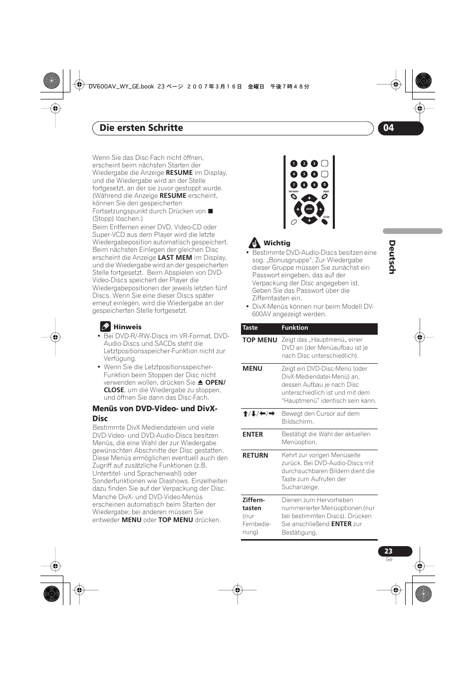 Die ersten schritte 04, Deutsch, Menüs von dvd-video- und divx- disc | Pioneer DV-600AV-K User Manual | Page 85 / 128