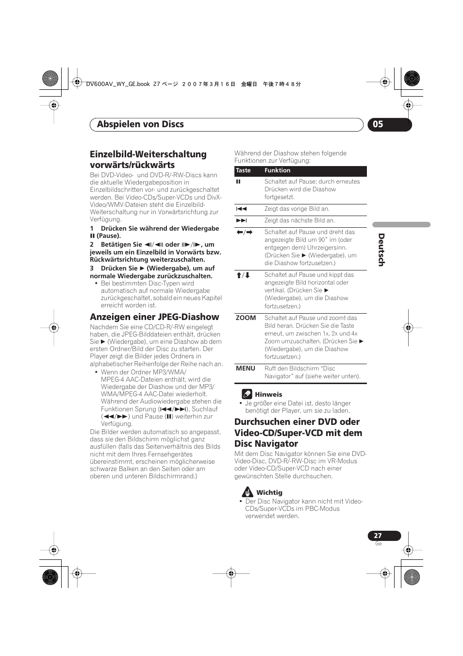Einzelbild-weiterschaltung vorwärts/ rückwärts, Anzeigen einer jpeg-diashow, Abspielen von discs 05 | Einzelbild-weiterschaltung vorwärts/rückwärts | Pioneer DV-600AV-K User Manual | Page 89 / 128