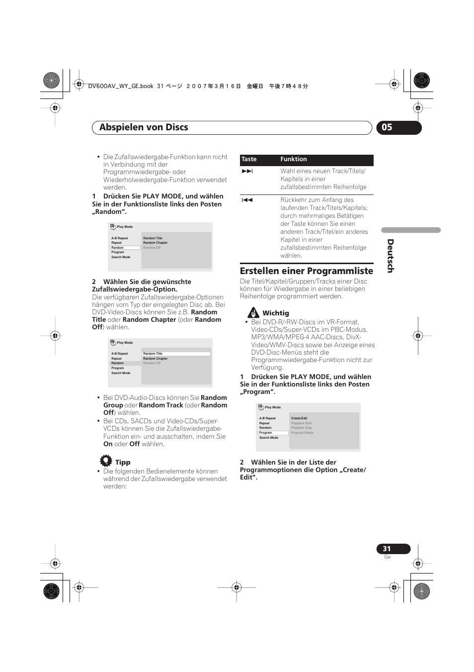Erstellen einer programmliste, Abspielen von discs 05, Deutsch | Pioneer DV-600AV-K User Manual | Page 93 / 128