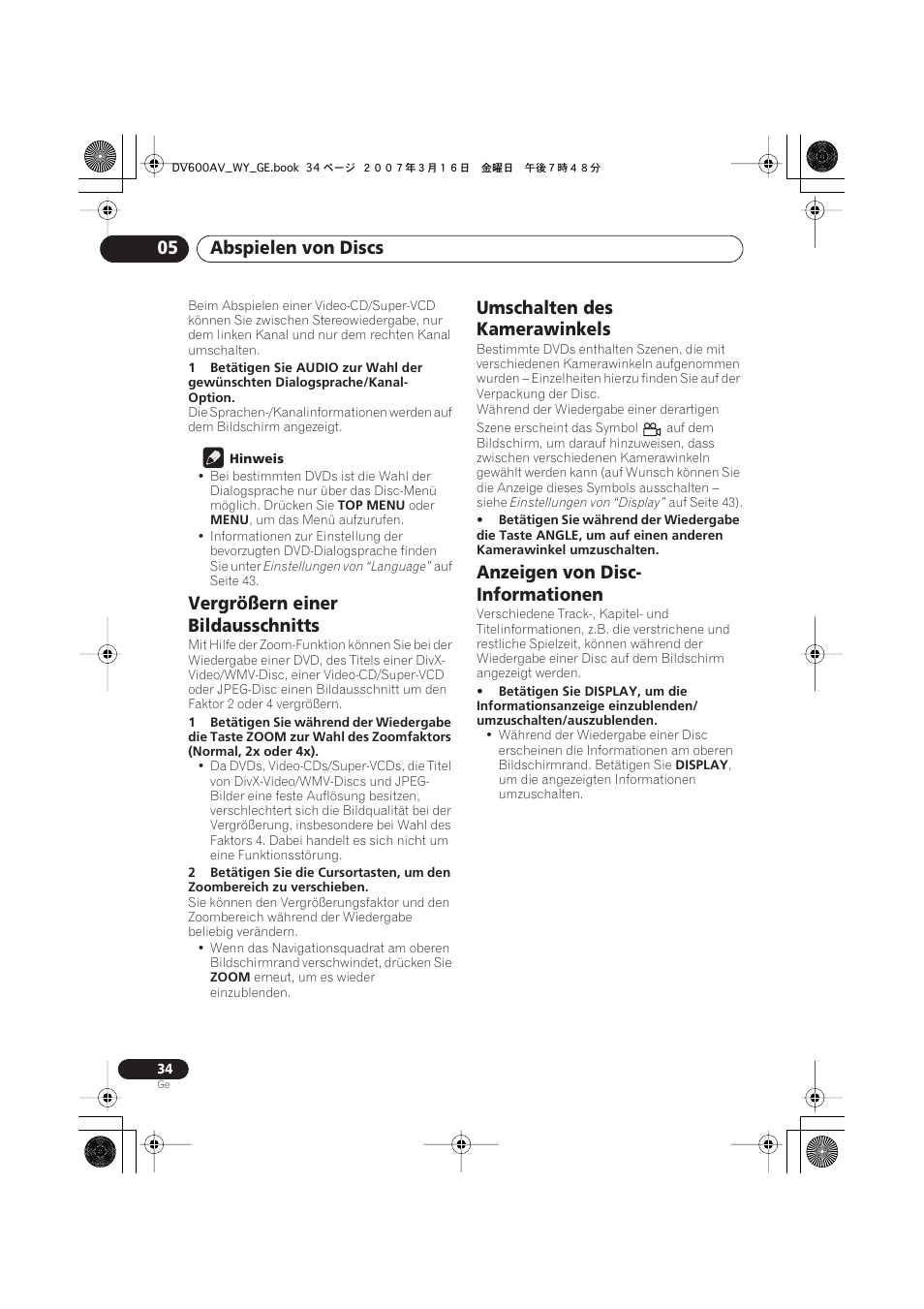 Vergrößern einer bildausschnitts, Umschalten des kamerawinkels, Anzeigen von disc-informationen | Abspielen von discs 05, Anzeigen von disc- informationen | Pioneer DV-600AV-K User Manual | Page 96 / 128