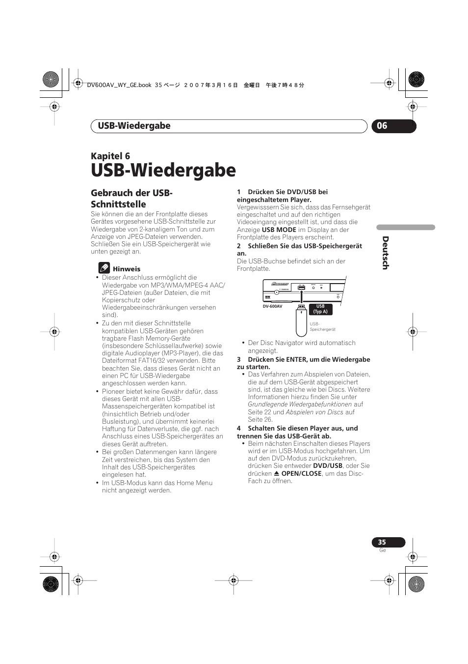 06 usb-wiedergabe, Gebrauch der usb-schnittstelle, Usb-wiedergabe | Usb-wiedergabe 06, Kapitel 6, Gebrauch der usb- schnittstelle | Pioneer DV-600AV-K User Manual | Page 97 / 128
