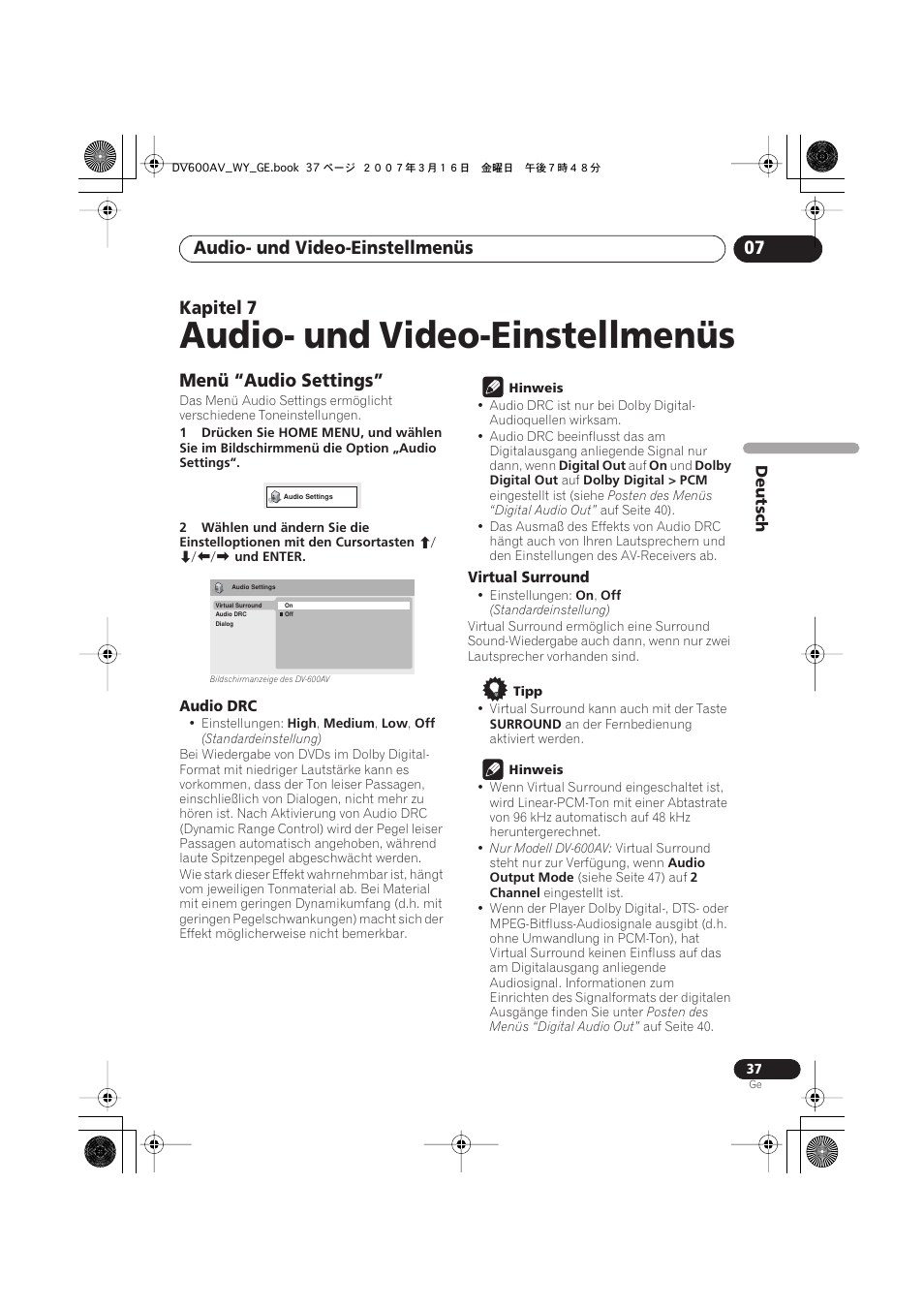 07 audio- und video-einstellmenüs, Menü “audio settings, Audio- und video-einstellmenüs | Audio- und video-einstellmenüs 07, Kapitel 7 | Pioneer DV-600AV-K User Manual | Page 99 / 128