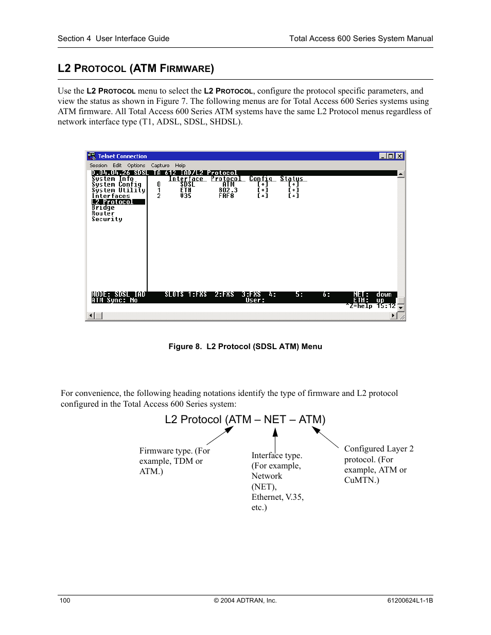 L2 protocol (atm firmware), Figure 8, L2 protocol (sdsl atm) menu | L2 p, Atm f, L2 protocol (atm – net – atm) | ADTRAN 600R User Manual | Page 102 / 264